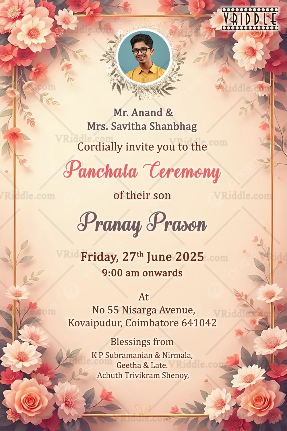Dhoti Ceremony Invitation Card with Add Image Option in Elegant Pastel Theme Featuring Traditional Boy Illustration and Soft Floral Accents