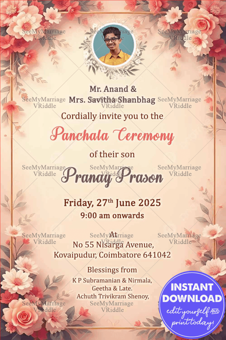 Dhoti Ceremony Invitation Card with Add Image Option in Elegant Pastel Theme Featuring Traditional Boy Illustration and Soft Floral Accents