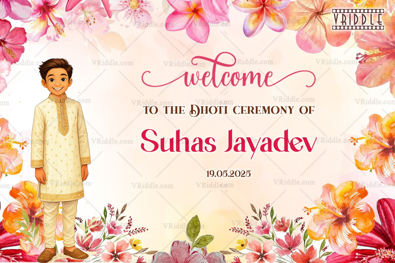 Dhoti Ceremony Welcome Sign Board with Cute Boy Illustration in Simple Yellow And Peach Floral Theme