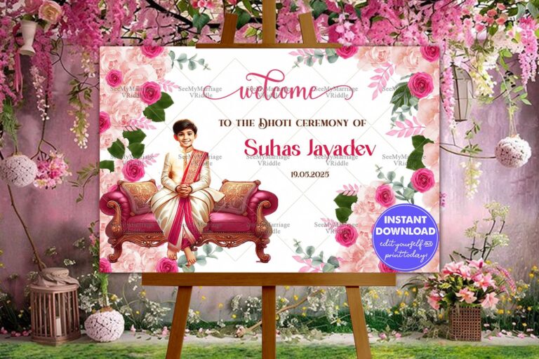 Elegant Dhoti Ceremony Welcome Sign Board with Boy Sitting on Sofa Illustration and Rose Floral Theme