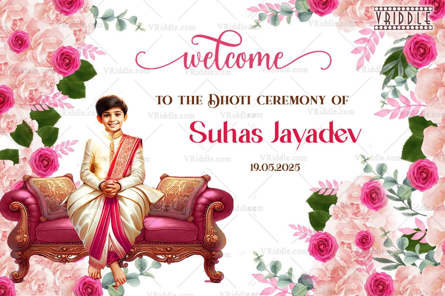 Elegant Dhoti Ceremony Welcome Sign Board with Boy Sitting on Sofa Illustration and Rose Floral Theme