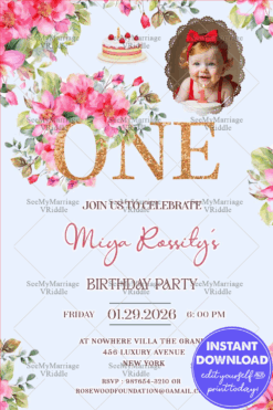 Pink Floral First Birthday Invitation Card with Baby Girl Theme Elegant Design with Add Image Option