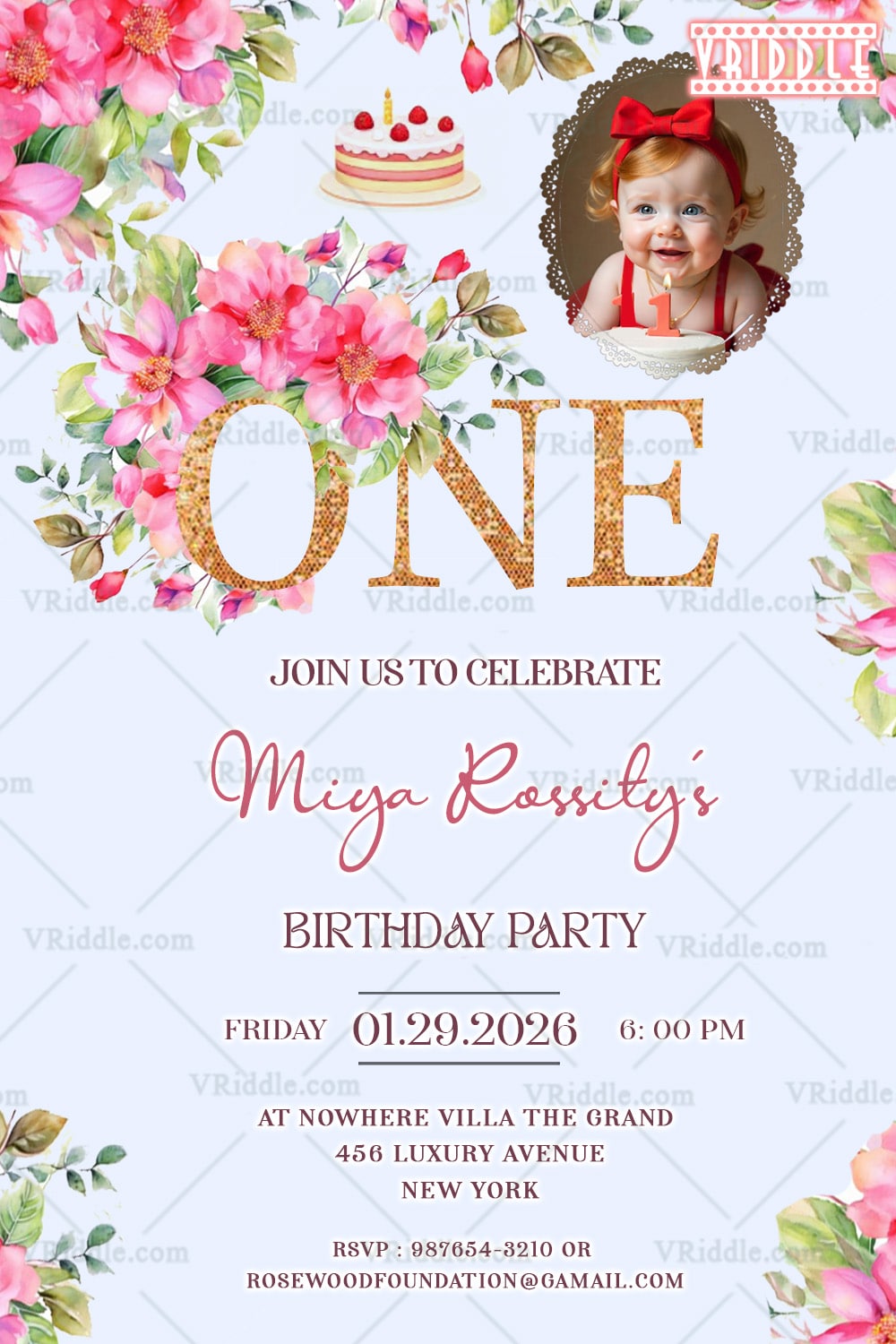 Pink Floral First Birthday Invitation Card with Baby Girl Theme Elegant Design with Add Image Option