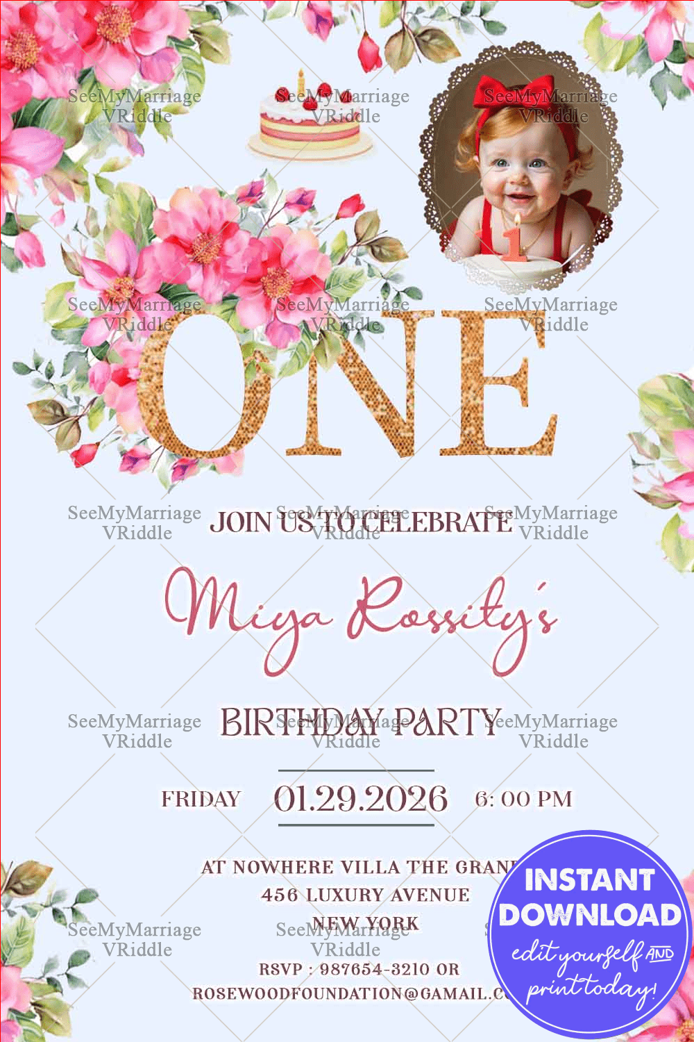 Pink Floral First Birthday Invitation Card with Baby Girl Theme Elegant Design with Add Image Option
