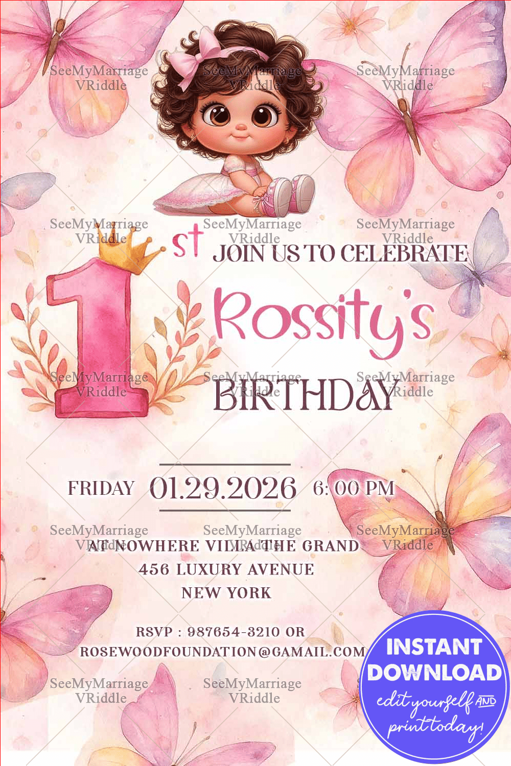 First Birthday Invitation with Watercolor Butterfly Theme Featuring a Cute Baby Girl Illustration in Elegant Pink Tones