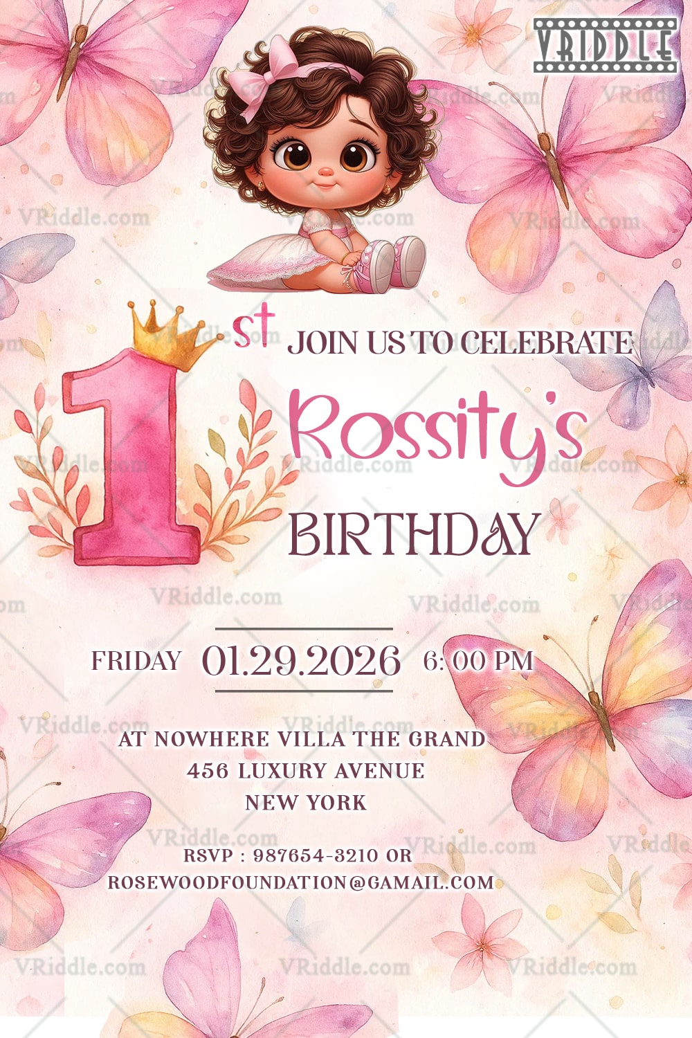 First Birthday Invitation with Watercolor Butterfly Theme Featuring a Cute Baby Girl Illustration in Elegant Pink Tones