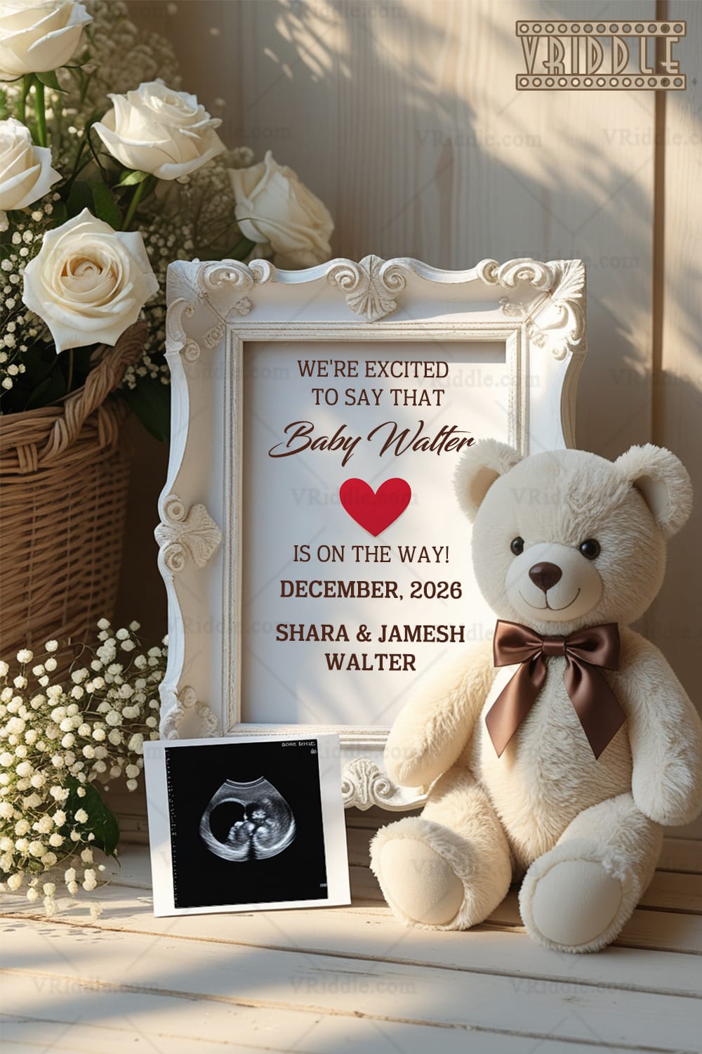 Framed Pregnancy Announcement with Sonogram, Teddy Bear and Floral Touches