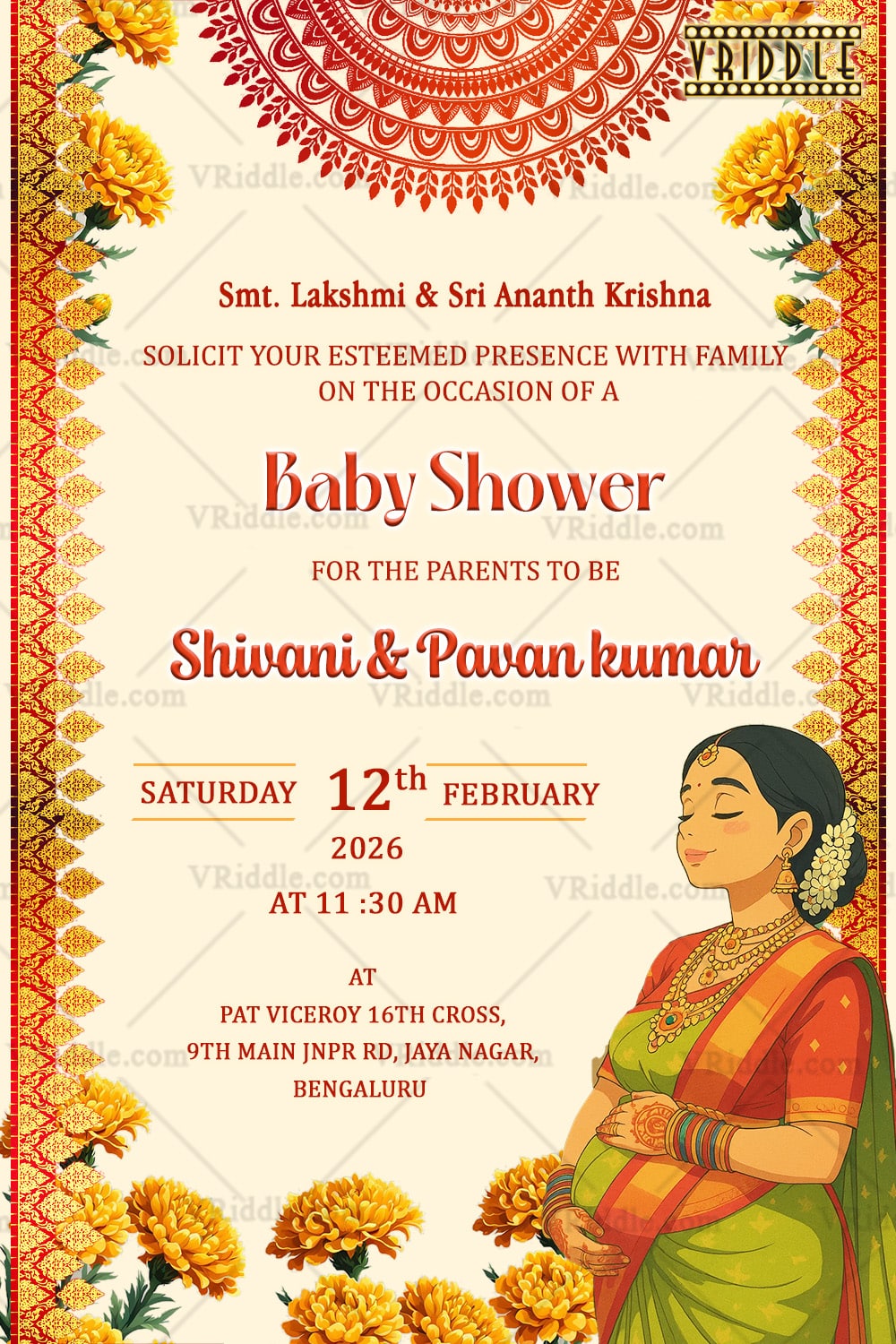 Ghibli-Style Baby Shower Invitation with Elegant Mandala Design and Marigold Garland Borders with Woman Illustration