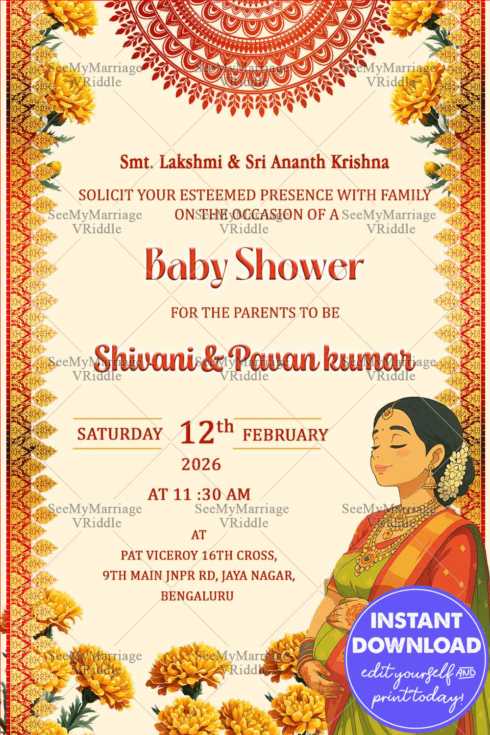 Ghibli-Style Baby Shower Invitation with Elegant Mandala Design and Marigold Garland Borders with Woman Illustration