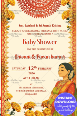 Ghibli-Style Baby Shower Invitation with Elegant Mandala Design and Marigold Garland Borders with Woman Illustration