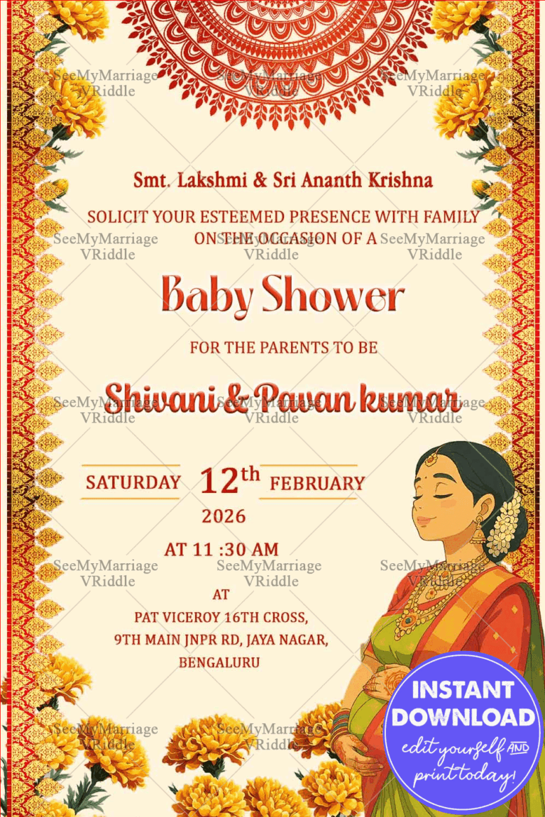 Ghibli-Style Baby Shower Invitation with Elegant Mandala Design and Marigold Garland Borders with Woman Illustration