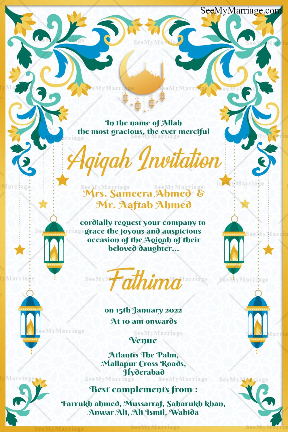 Golden Crescent Aqiqah Invitation Card with Lanterns and Floral Border
