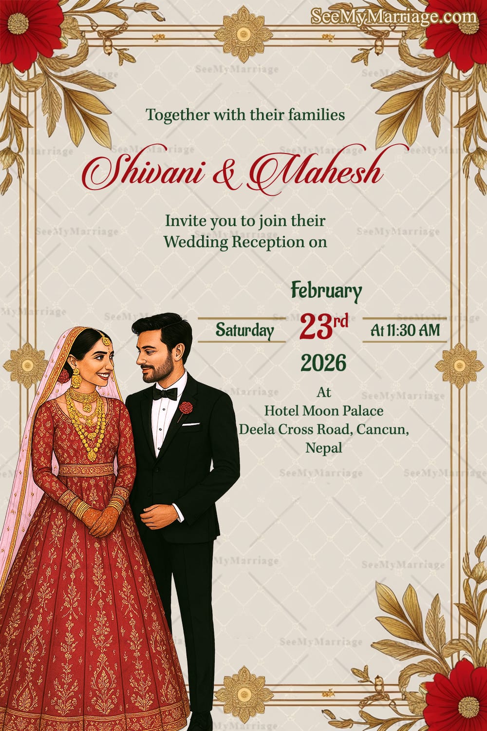 Golden Floral Nepali Wedding Reception Card with Bride in Lehenga and Groom in Tuxedo Design, Golden Leaves and Flower