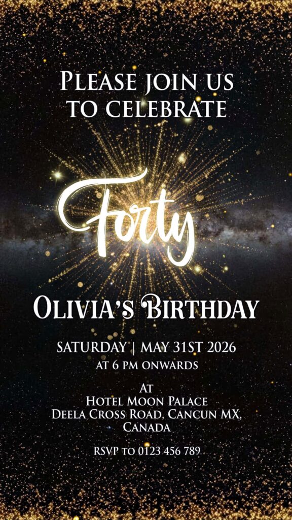 Golden Sparkle 40th Birthday Party Invitation Video with Black Theme
