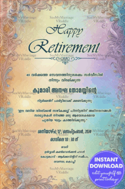 Graceful Malayalam Retirement Invitation Elegant Pastel Multi Color Swirls with Sparkle Touch