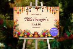 Haldi Ceremony Invitation Banner with Marigold Hangings and Traditional Pots in Vibrant Floral Theme