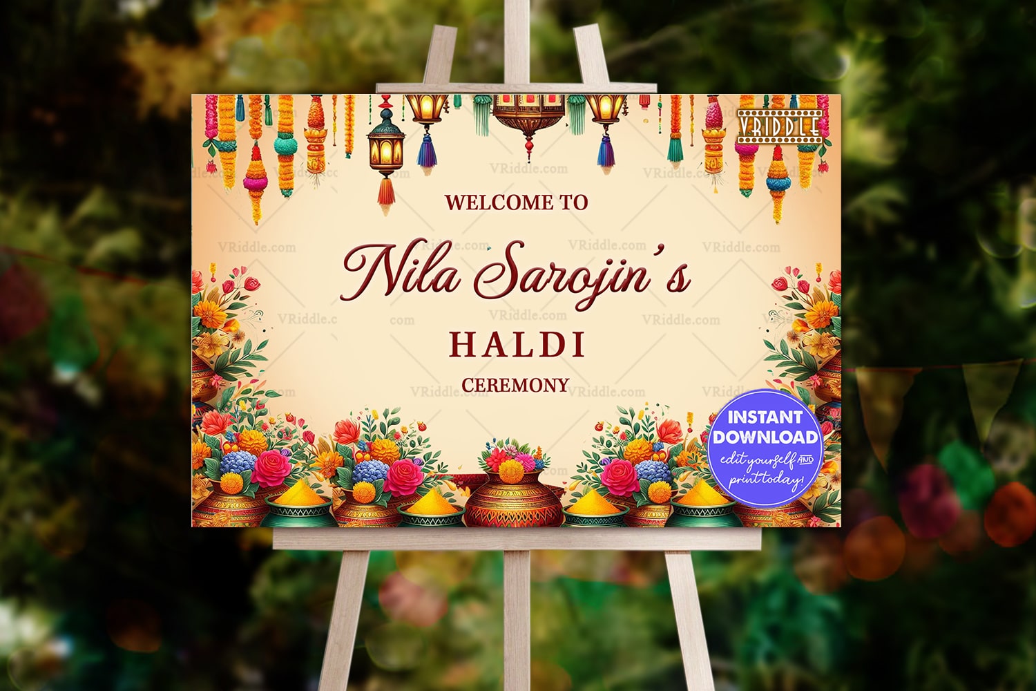 Haldi Ceremony Invitation Banner with Marigold Hangings and Traditional Pots in Vibrant Floral Theme