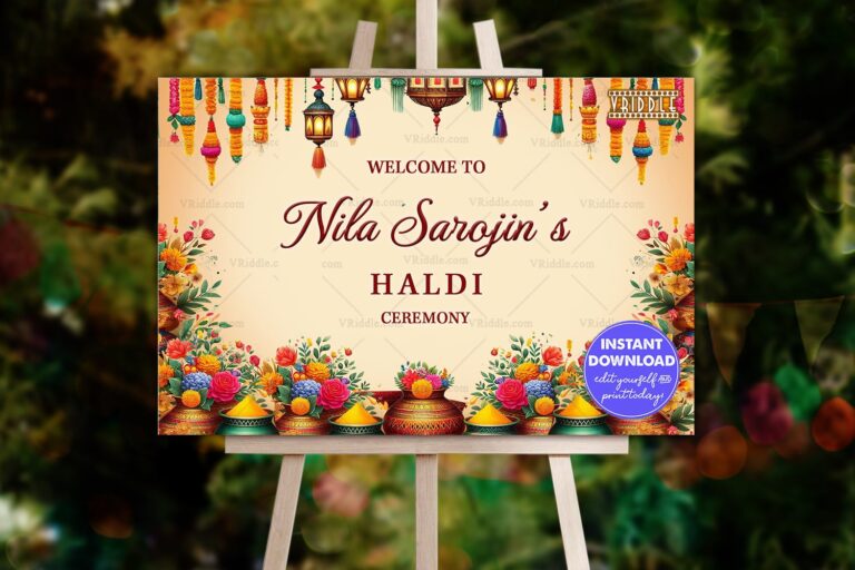 Haldi Ceremony Invitation Banner with Marigold Hangings and Traditional Pots in Vibrant Floral Theme