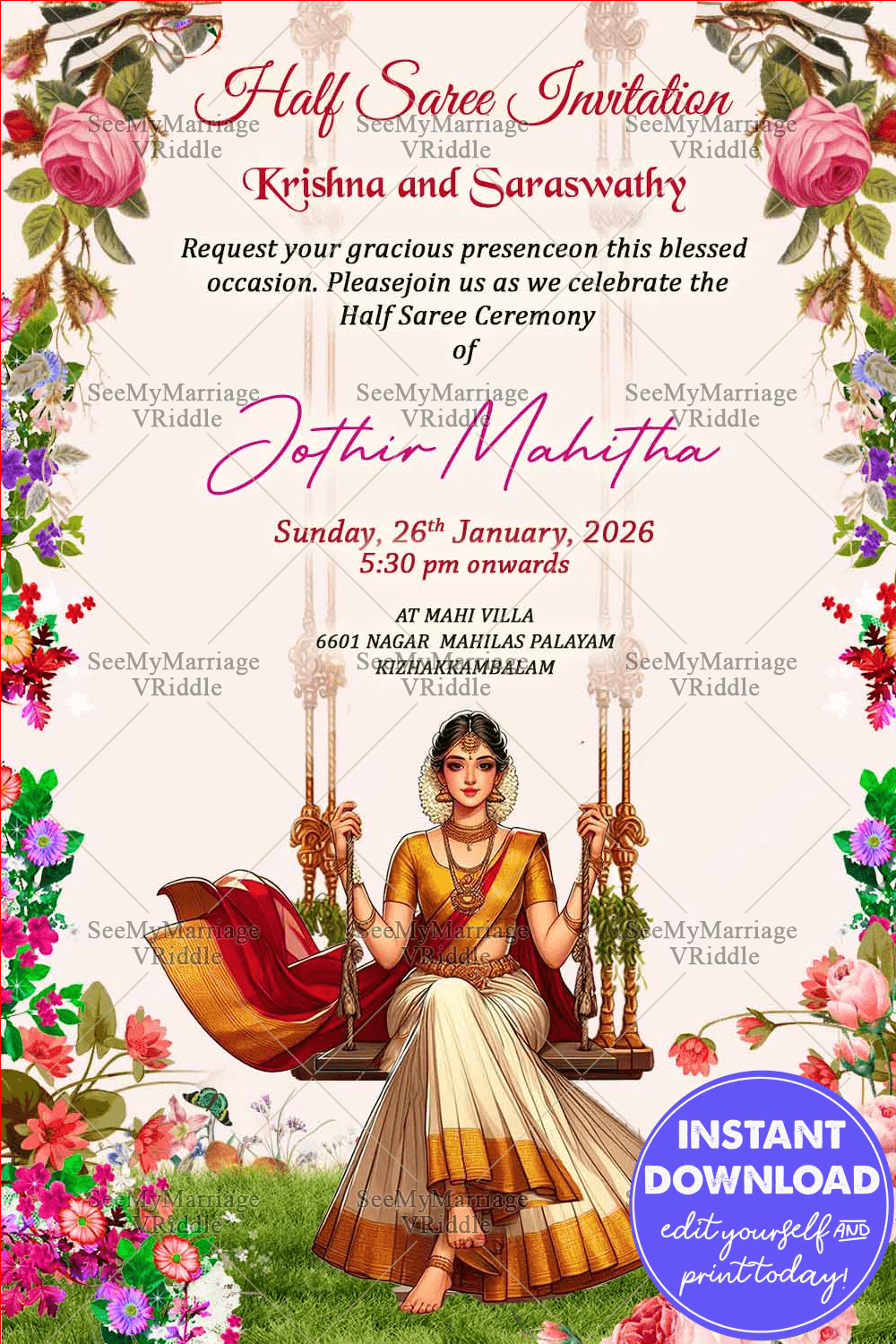 Half Saree Ceremony Invitation – Traditional South Indian Girl on Swing with Blooming Floral Theme