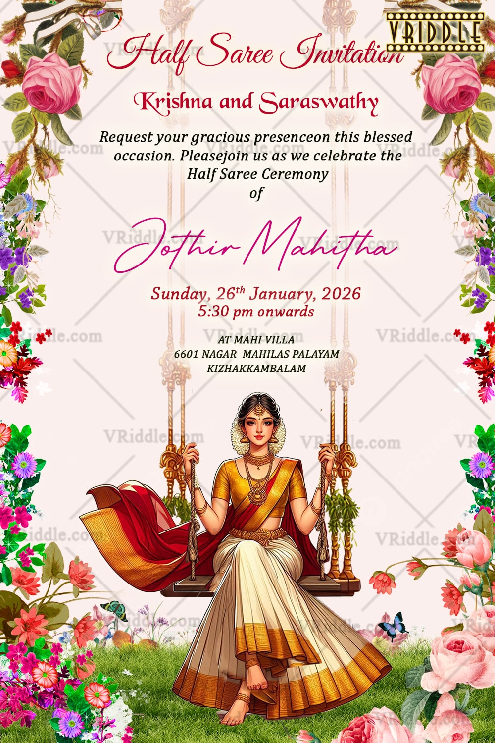 Half Saree Ceremony Invitation – Traditional South Indian Girl on Swing with Blooming Floral Theme