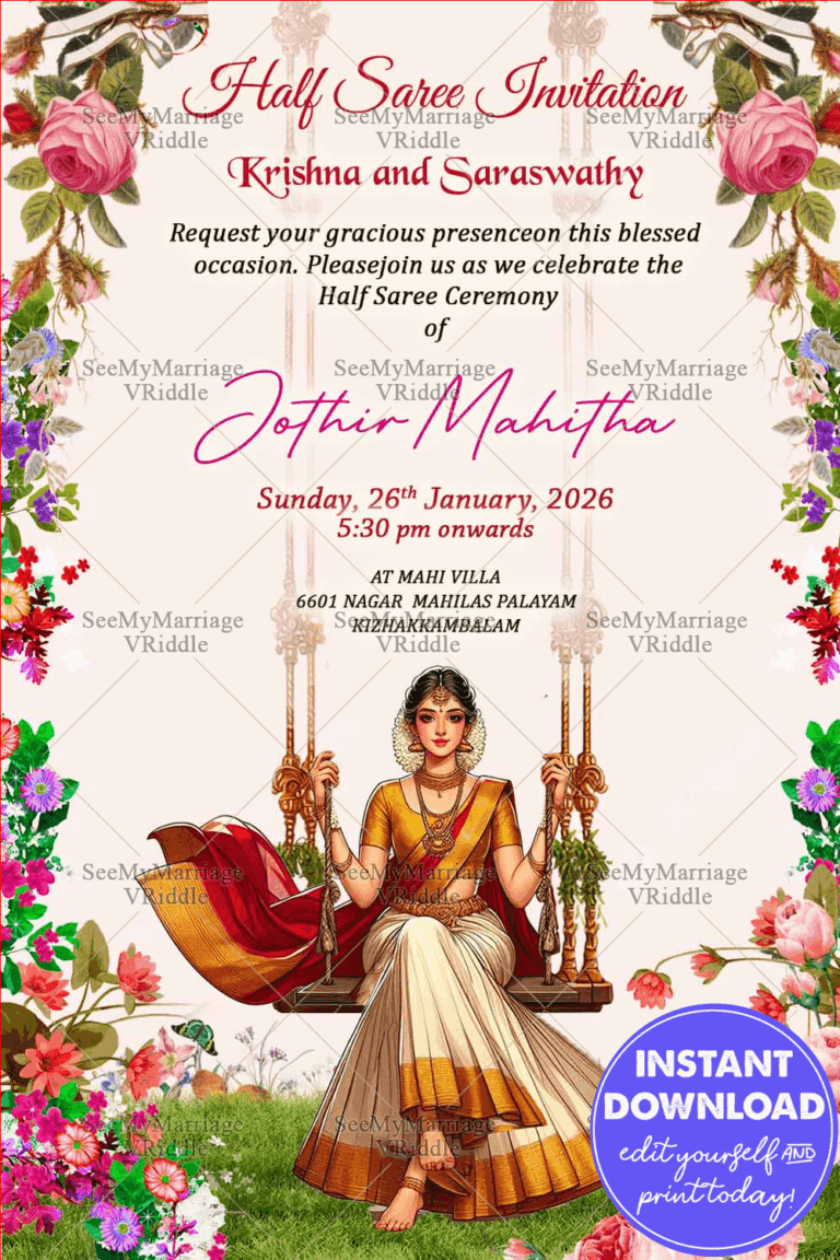 Half Saree Ceremony Invitation Card Traditional South Indian Girl on Swing with Blooming Floral Theme