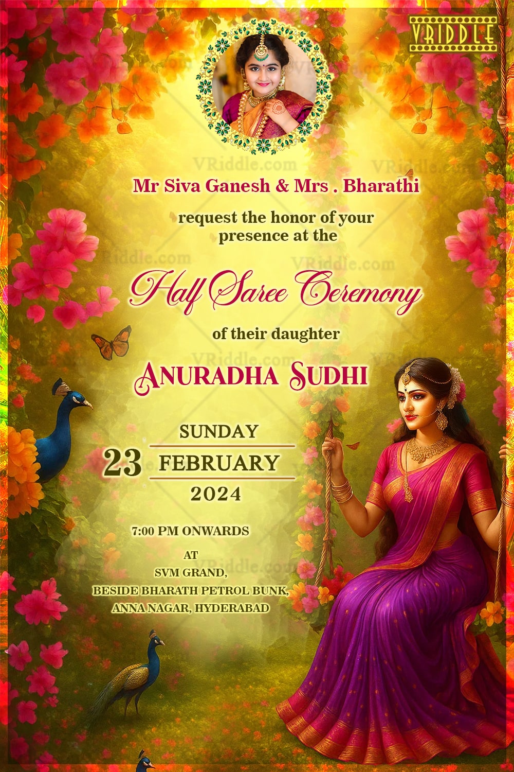 Half Saree Ceremony Invitation with Swing Girl Illustration in a Blooming Floral Theme with Add Image Option
