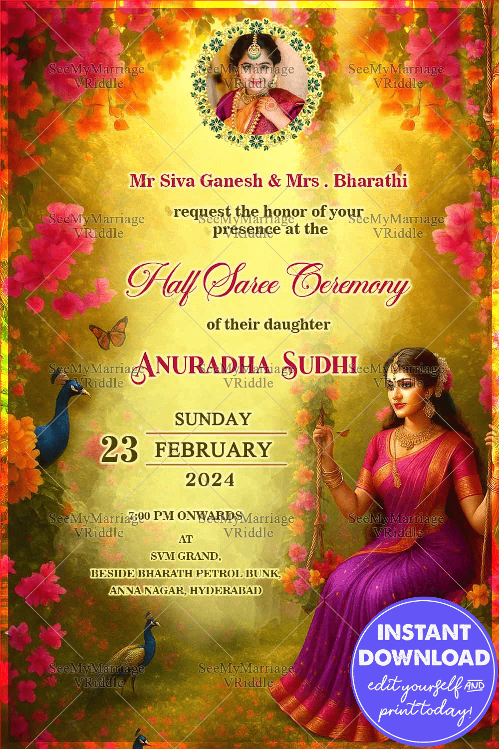 Half Saree Ceremony Invitation with Swing Girl Illustration in a Blooming Floral Theme with Add Image Option