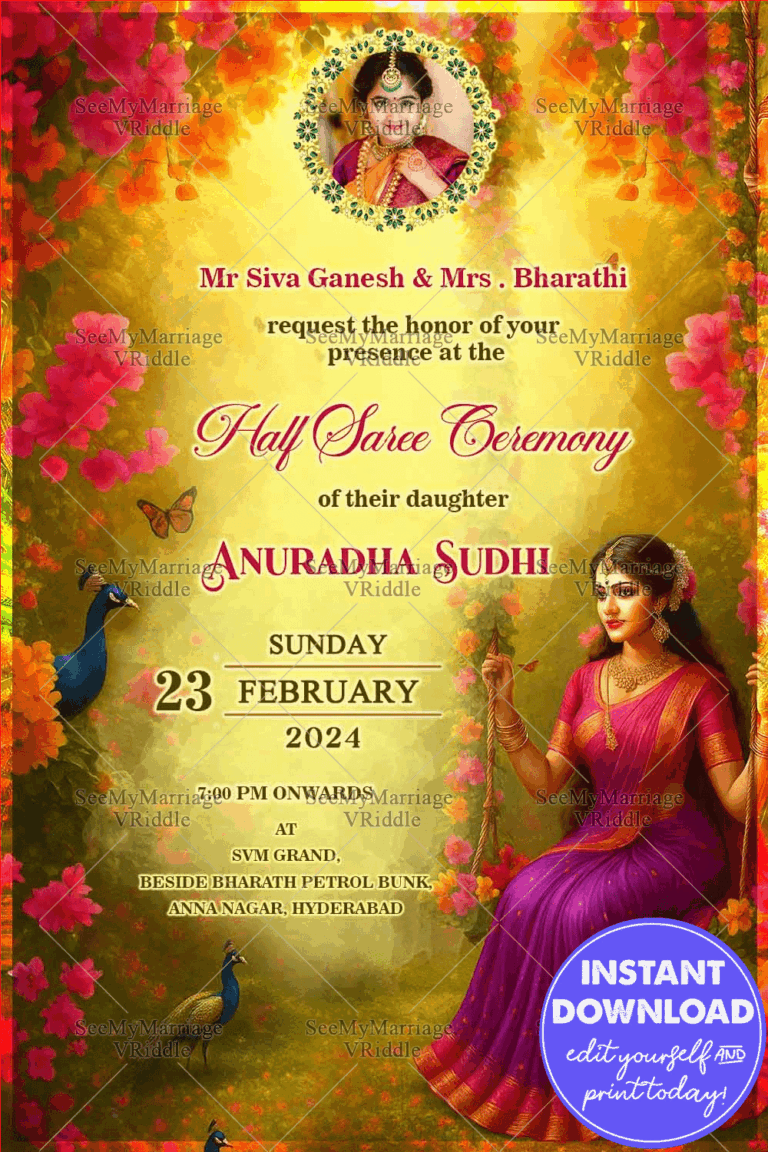 Half Saree Ceremony Invitation with Swing Girl Illustration with Peacock in a Blooming Floral Theme with Add Image Option