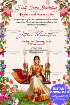 Half Saree Ceremony Invitation Card Traditional South Indian Girl on Swing with Blooming Floral Theme