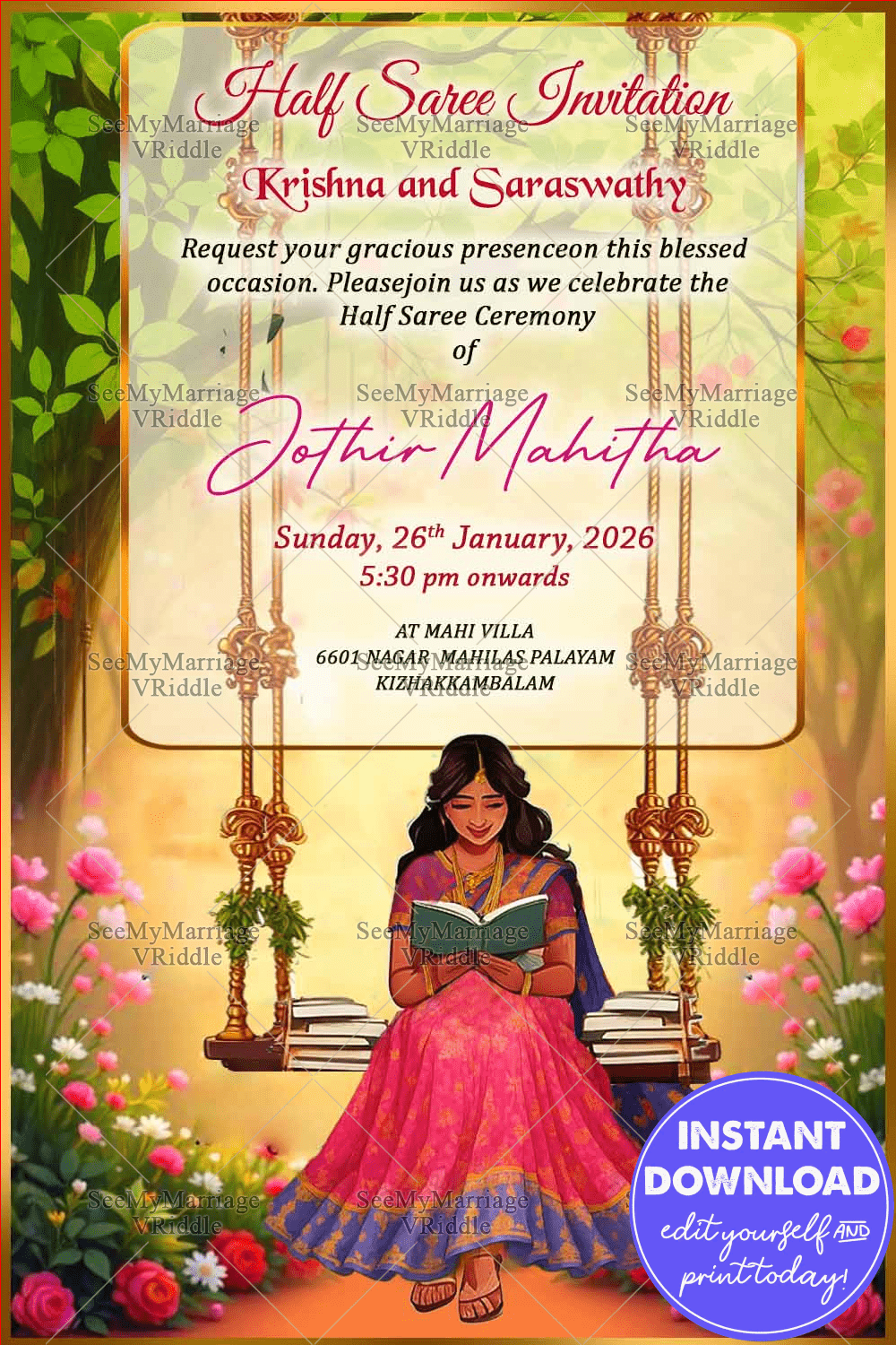 Half Saree Invitation Card Reading Girl Illustration with Blooming Garden & Nature-Inspired Swing Decor