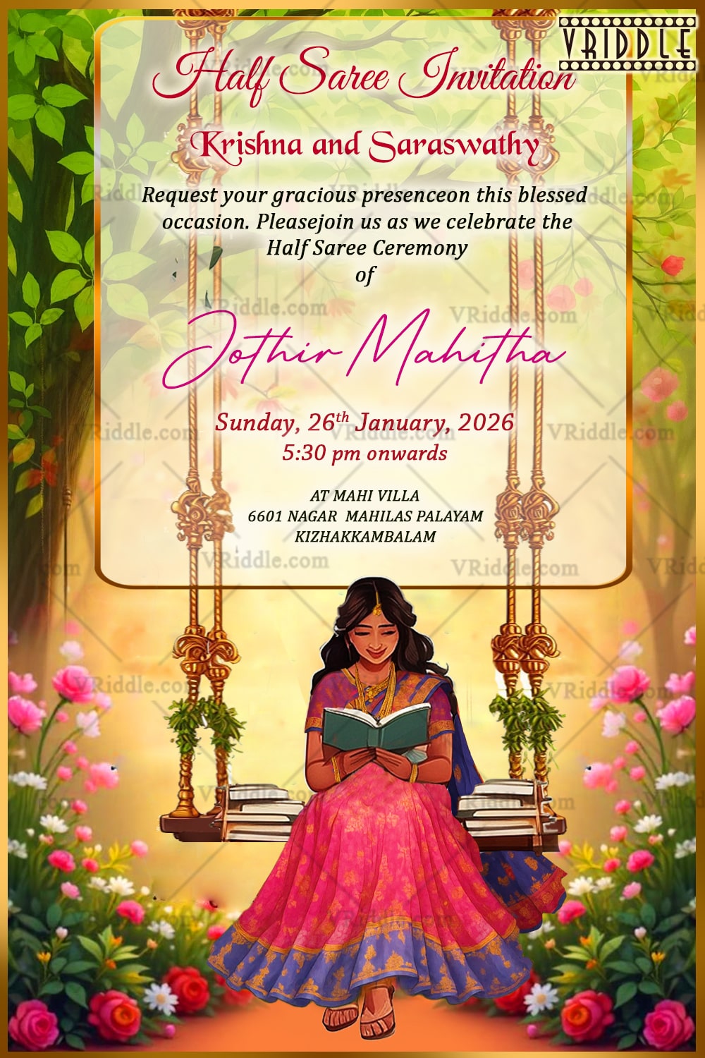 Half Saree Invitation Card Reading Girl Illustration with Blooming Garden & Nature-Inspired Swing Decor