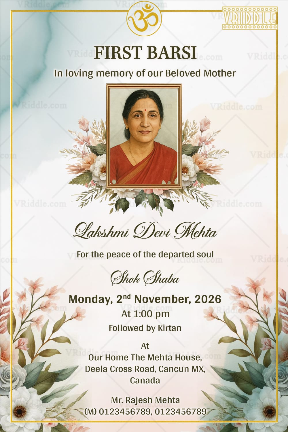 Hindu First Barsi Memorial Invitation Card with Add Photo and Floral Border