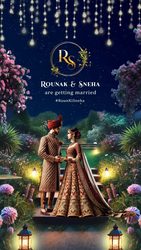 Illuminated Garden Theme Wedding Invitation Video with Bride & Groom Holding Hands, Fairy Lights