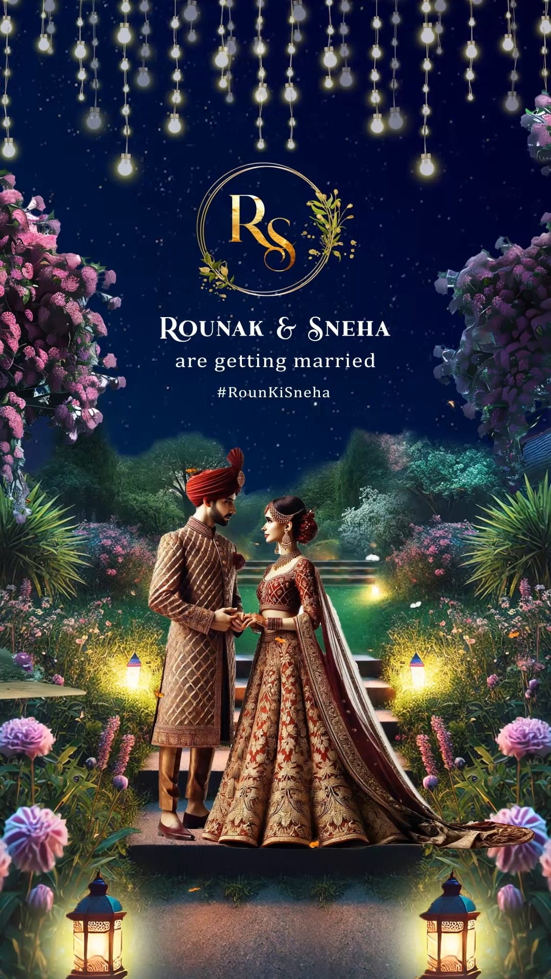 Illuminated Garden Theme Wedding Invitation Video with Bride & Groom Holding Hands, Fairy Lights