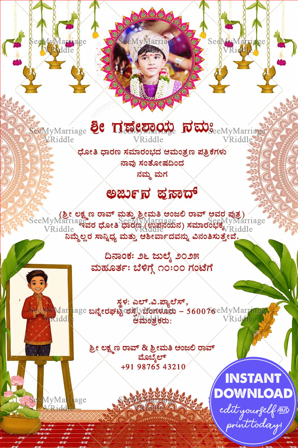 Kannada Dhoti Ceremony Invitation Card with Banana Leaf & Floral Hanging Decor White Background Featuring Boy Cartoon with Add Image Option