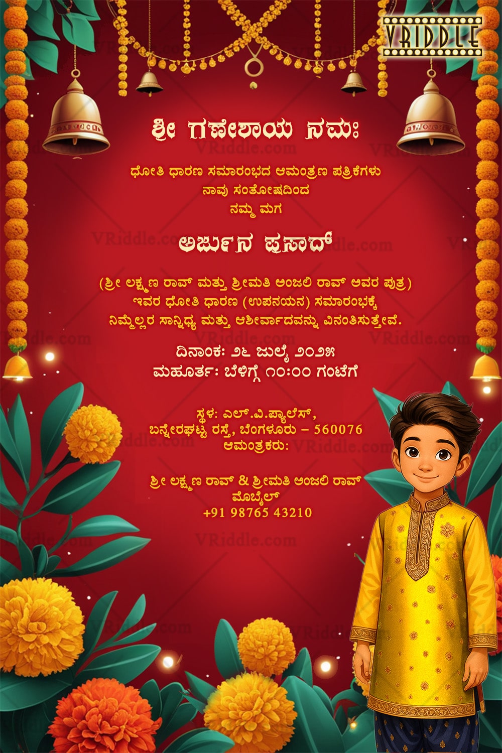 Kannada Dhoti Ceremony Invitation Card with Vibrant Red Background Traditional Marigold Floral Decor and Cute Boy Cartoon Illustration