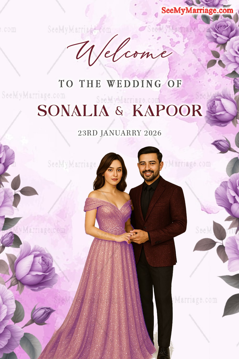 Welcome Sign Board for Wedding with Couple Caricature Illustration in Lavender Floral Theme