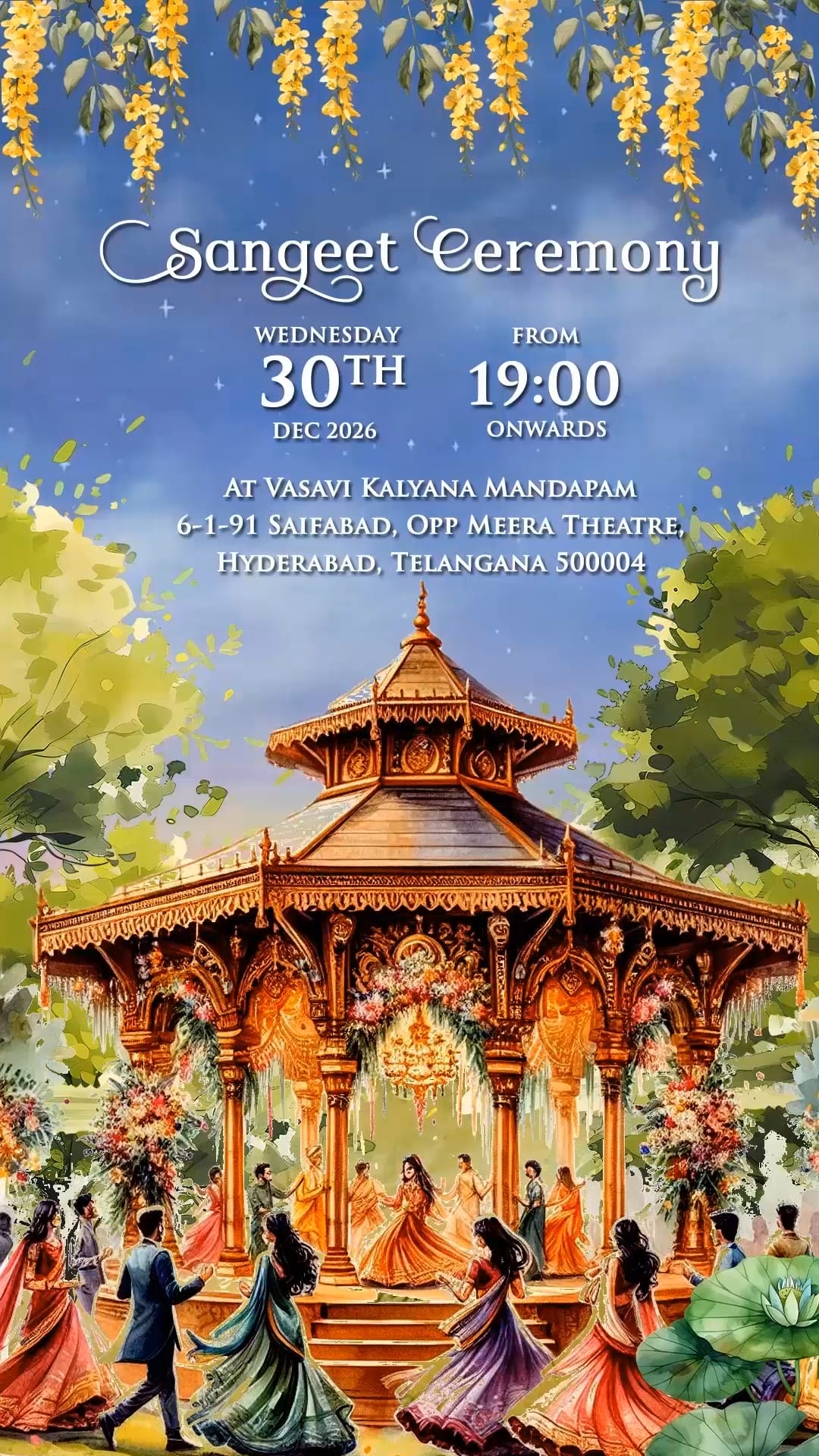 Lotus Theme Sangeet Invitation Video with Lakeview and Peacock