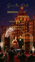 Luxury Save the Date Invitation Video with Glamorous Couple Portrait, Paparazzi, Car Theme, Building Illustration and Fire Work