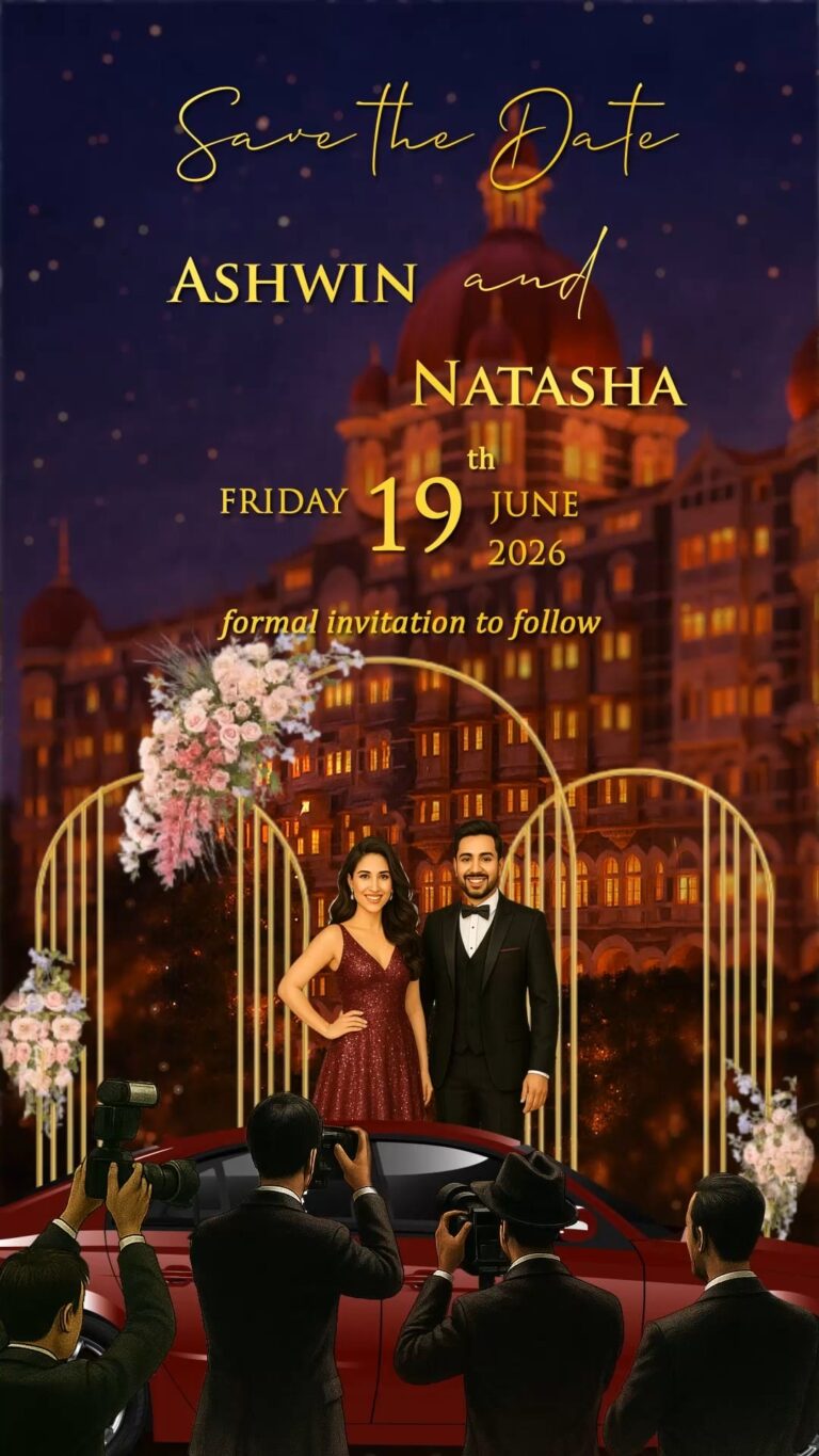 Luxury Save the Date Invitation Video with Glamorous Couple Portrait, Paparazzi, Car Theme, Building Illustration and Fire Work