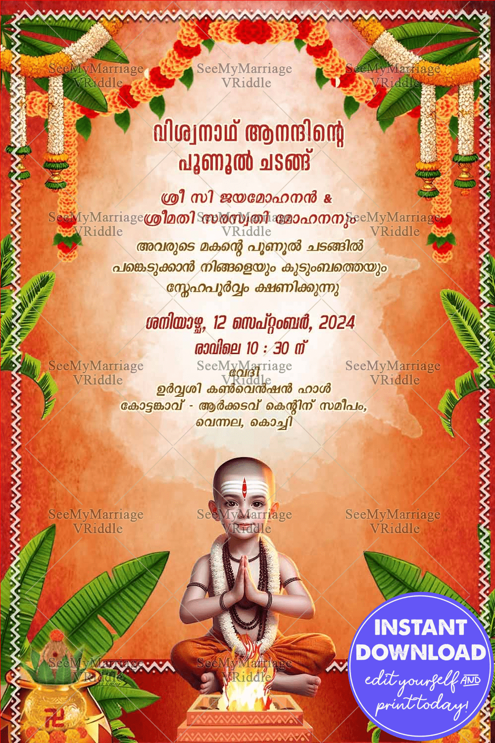 Malayalam Poonul Ceremony Invitation Card with Vedic Boy Illustration, Marigold Floral Decor & Sacred Orange Themed Background