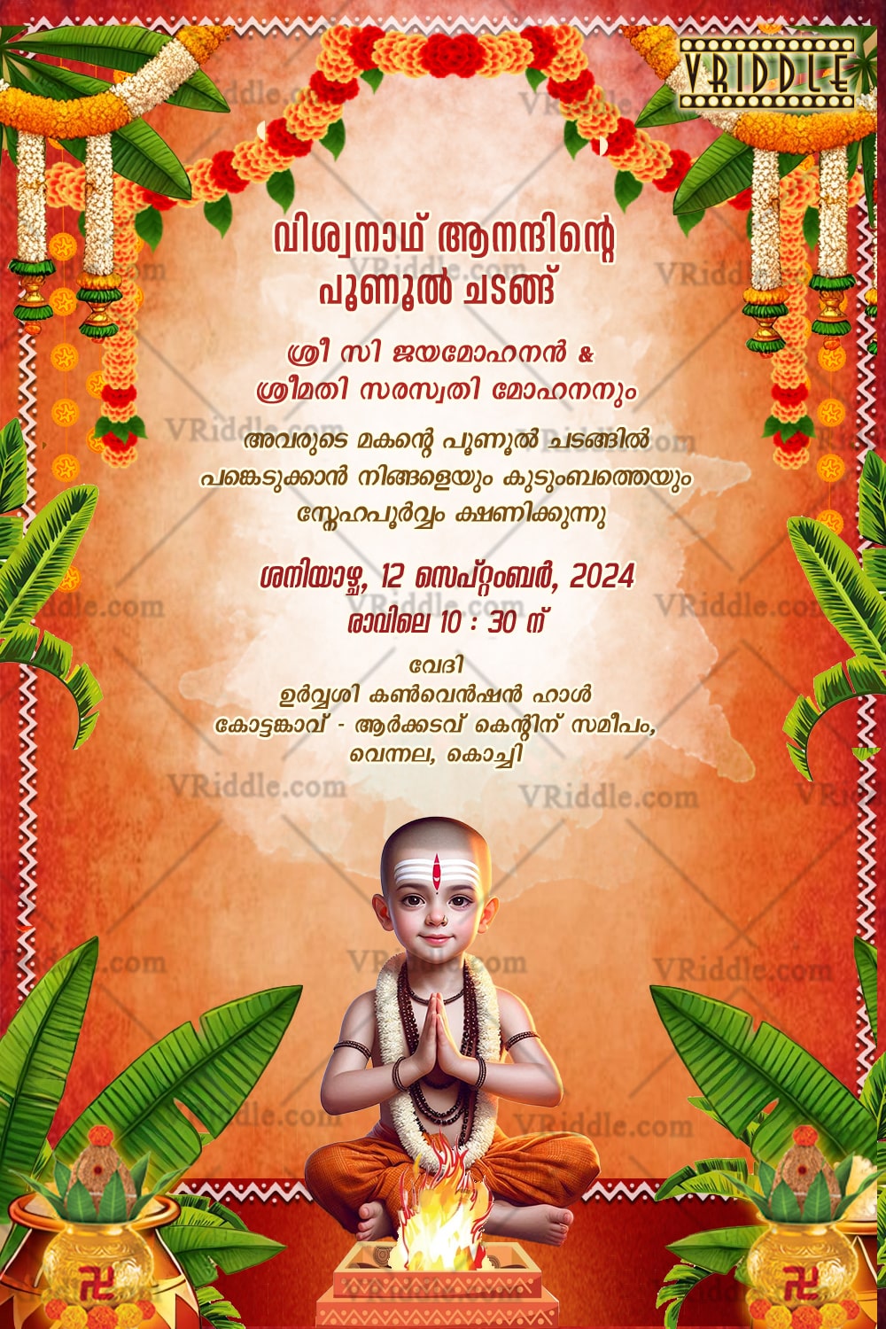 Malayalam Poonul Ceremony Invitation Card with Vedic Boy Illustration, Marigold Floral Decor & Sacred Orange Themed Background