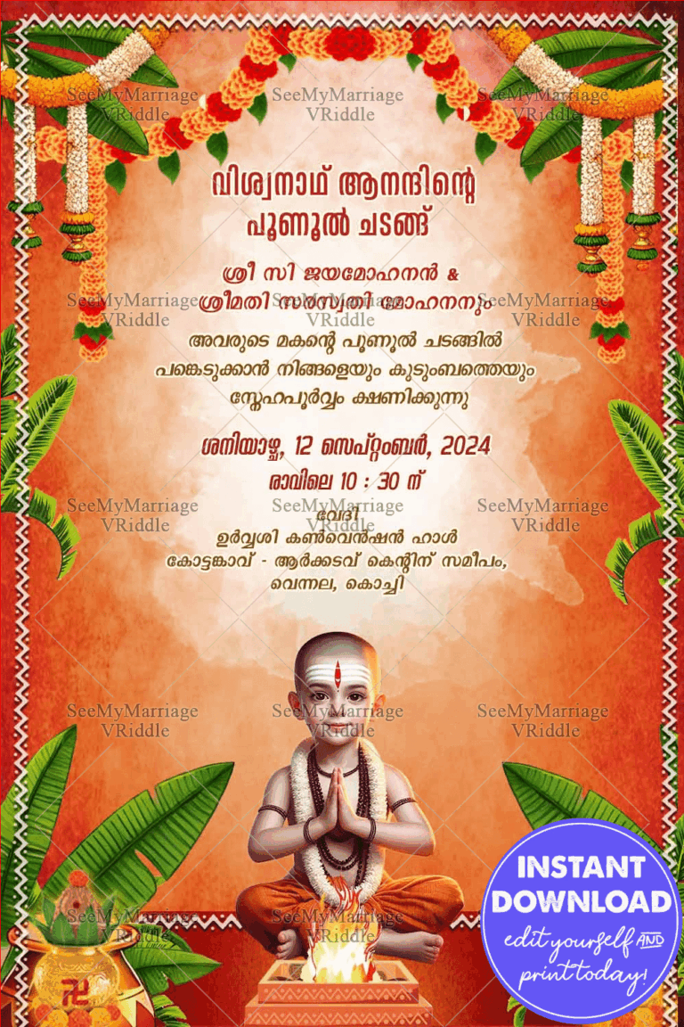 Malayalam Poonul Ceremony Invitation Card with Vedic Boy Illustration, Marigold Floral Decor & Sacred Orange Themed Background