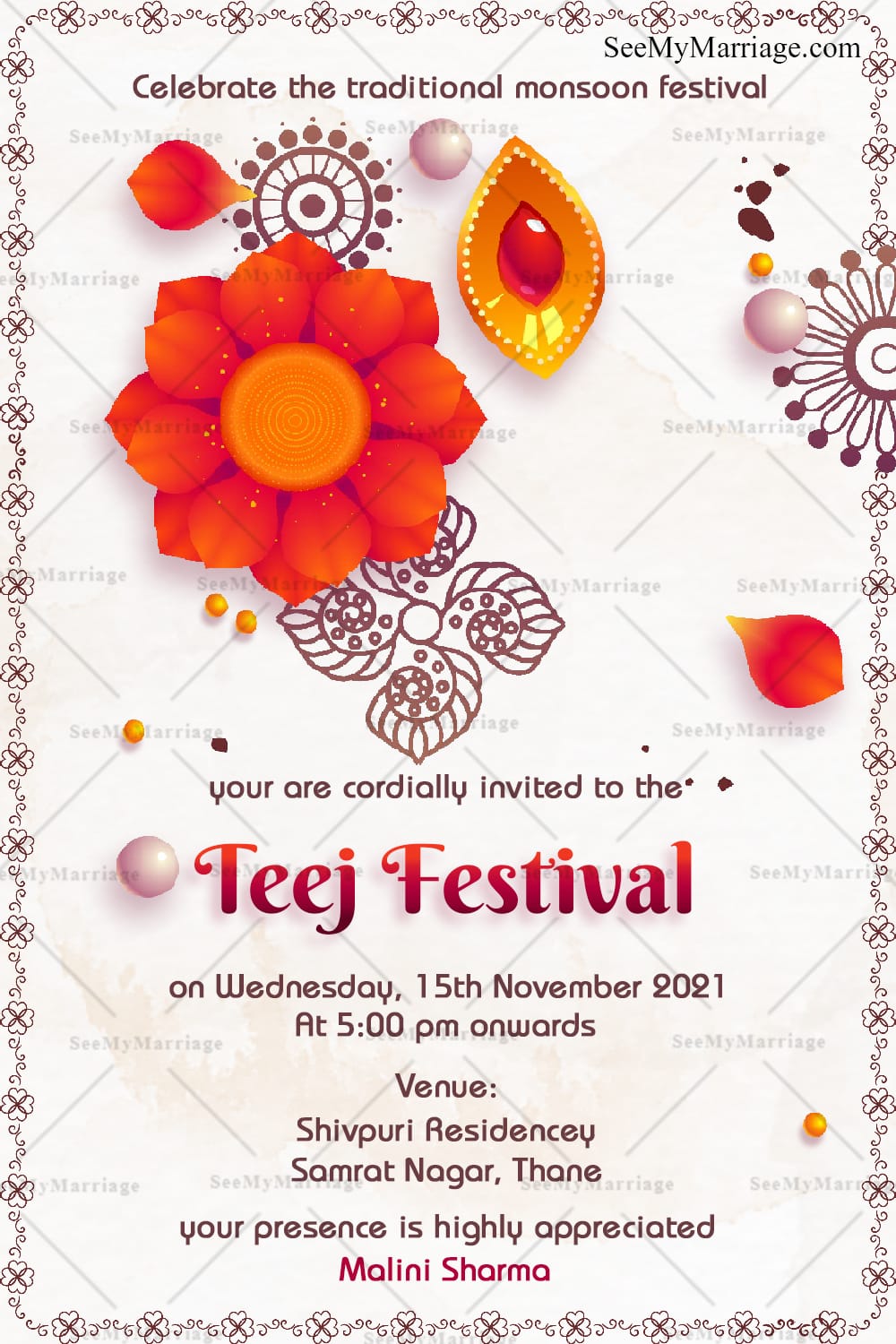 Mandala Teej Festival Invitation with Traditional Rangoli and Diya Design
