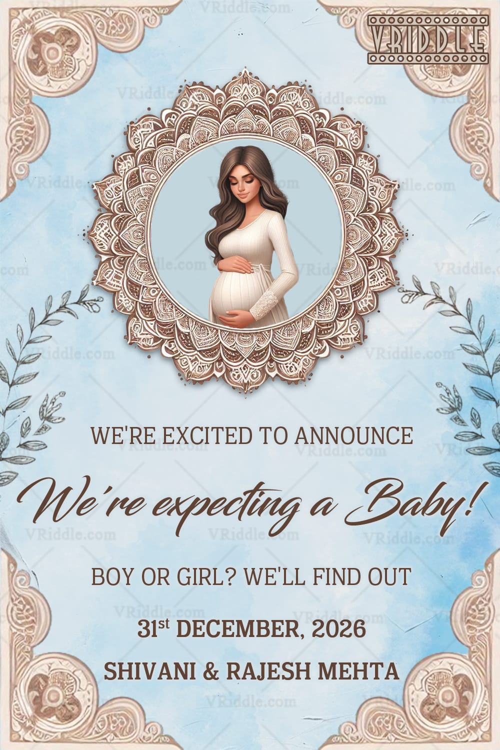 Mandala and Blue Theme Pregnancy Announcement with Add Photo and Floral Accents