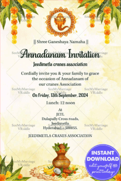 Marigold Garland Annadanam Invitation with Kalash and Floral Decor