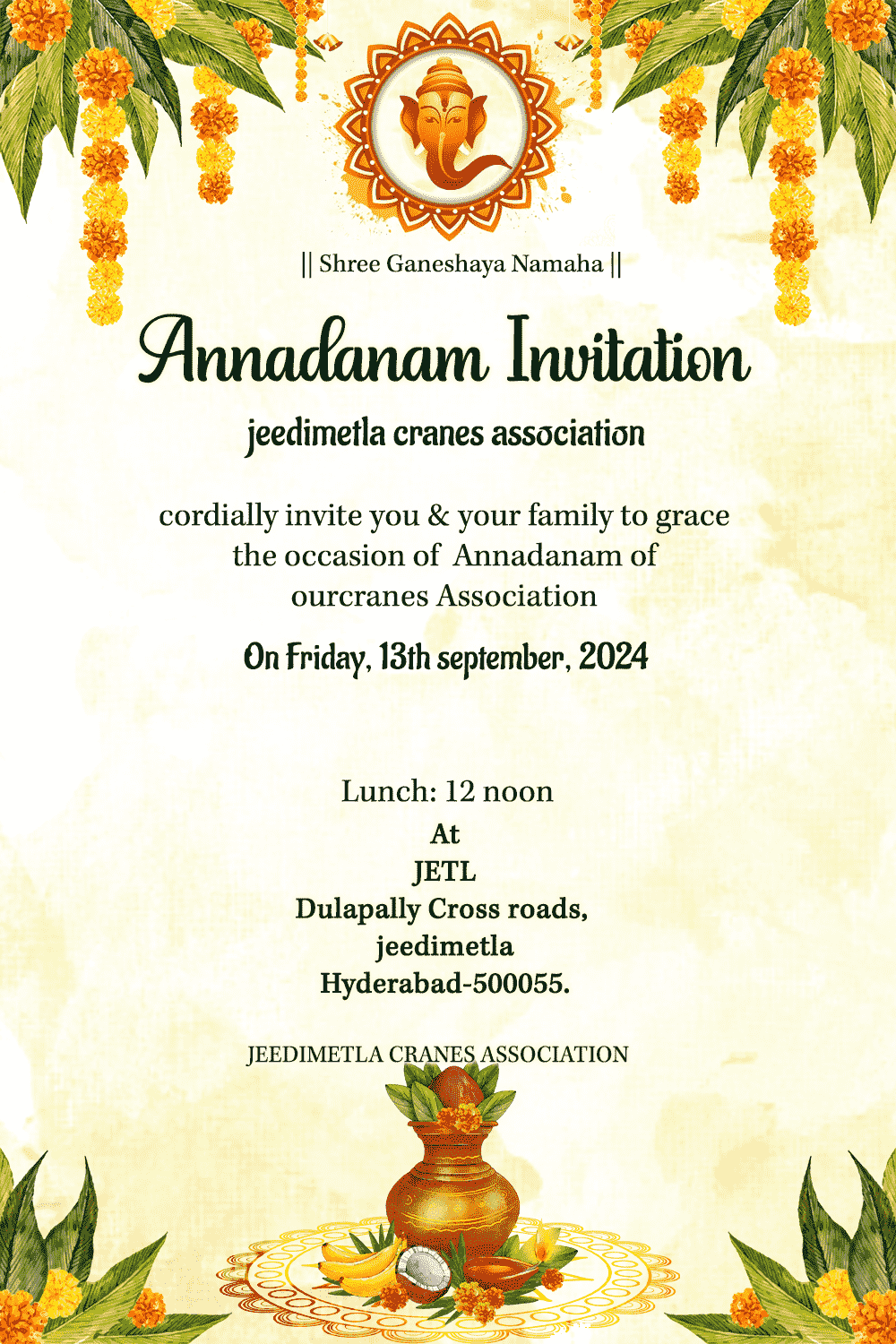 Marigold Garland Annadanam Invitation with Kalash and Floral Decor