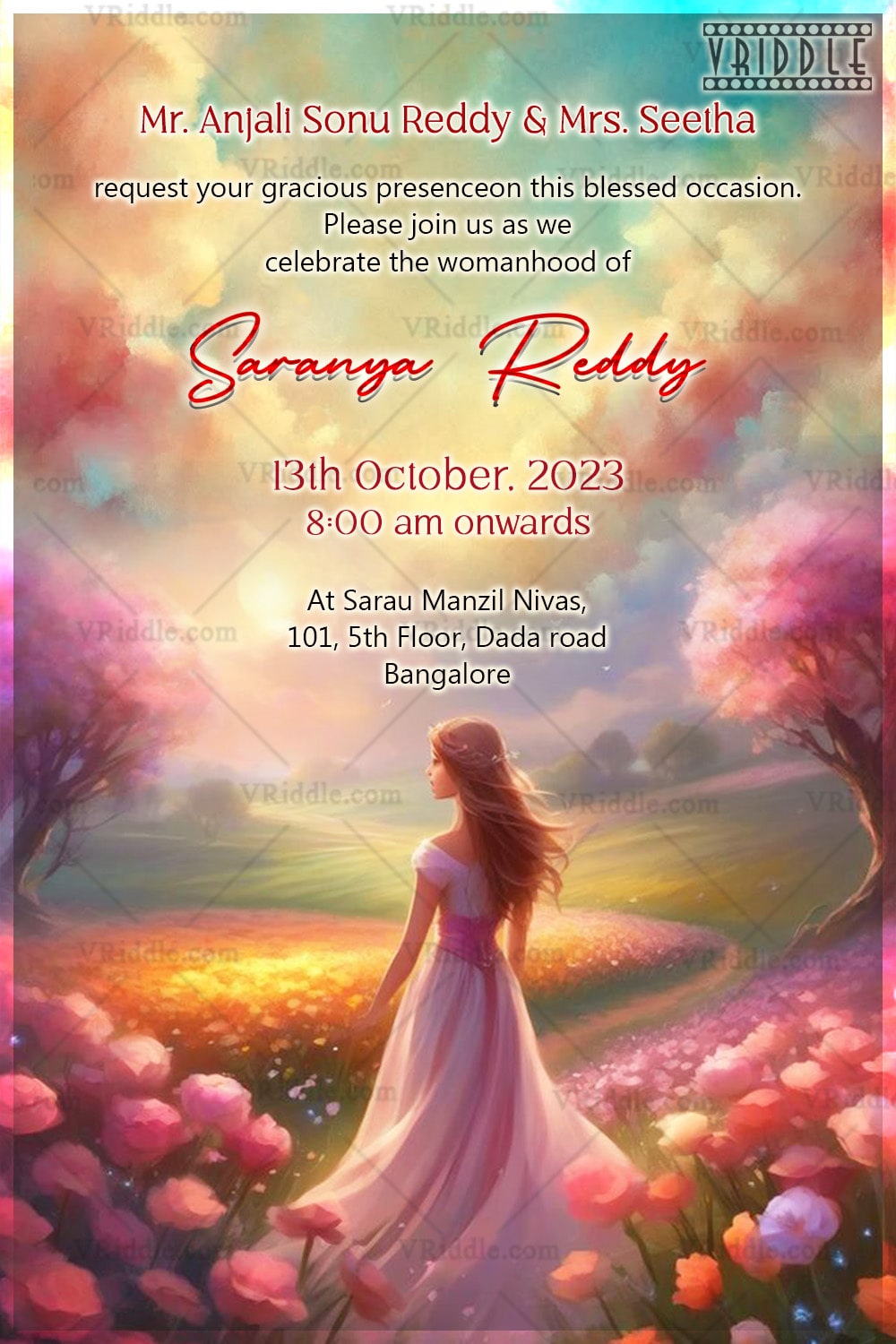 Modern Half Saree Ceremony Invitation with Dreamy Pastel Bloom Elegance with Girl Illustration