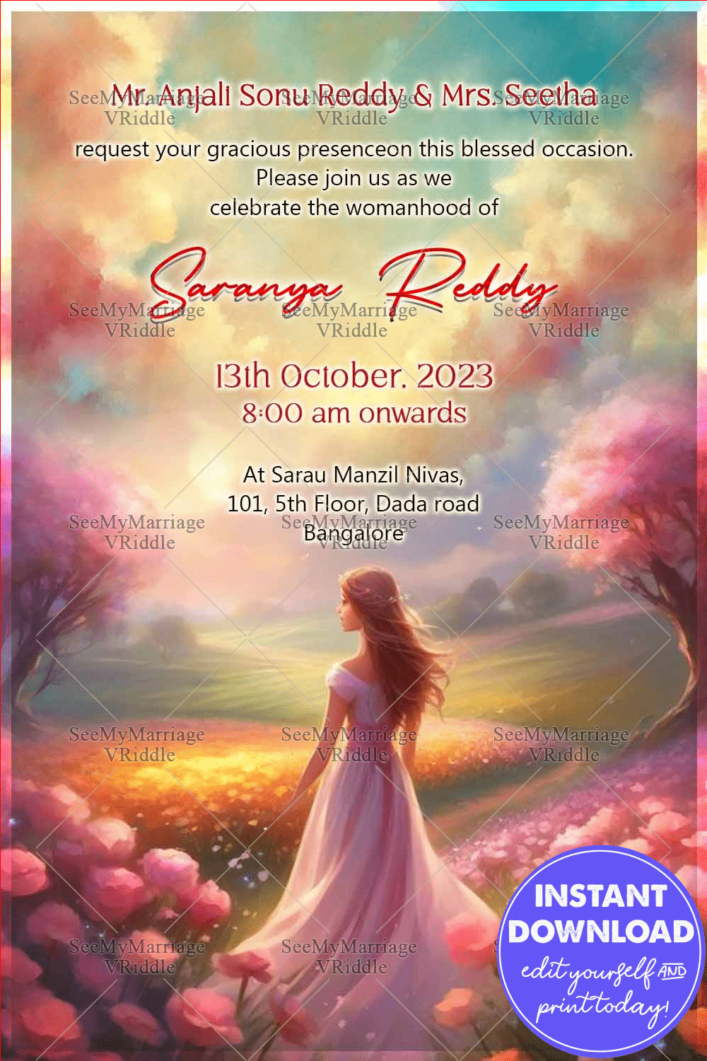 Modern Half Saree Ceremony Invitation with Dreamy Pastel Bloom Elegance with Girl Illustration