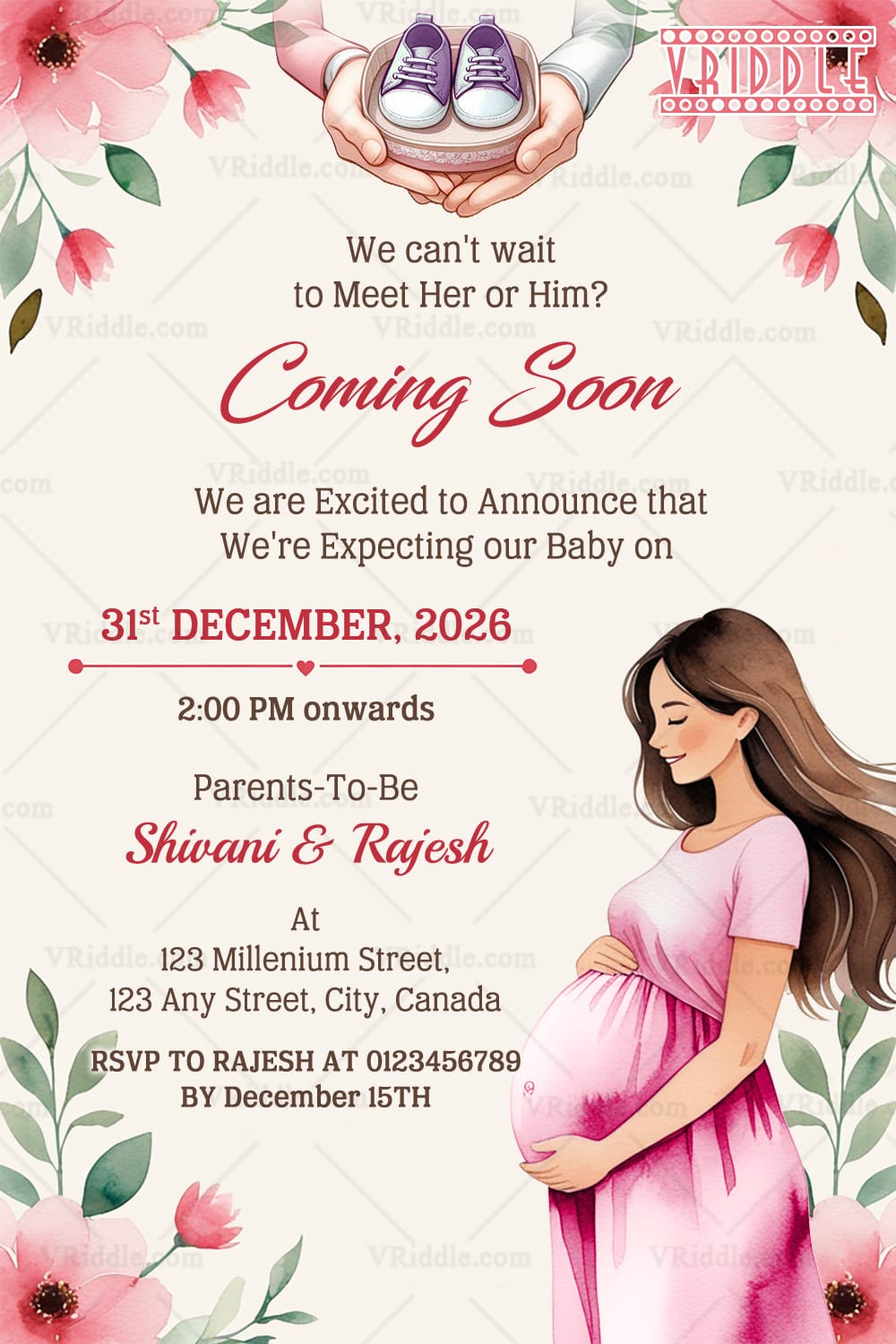 Mom Illustration Pregnancy Announcement with Couple's Holding a Baby Shoes and Flowers, Greenery
